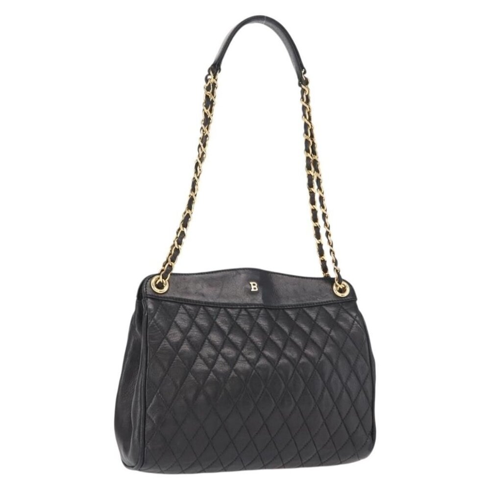 Authentic BALLY Chain Shoulder Bag Leather Black Gold
